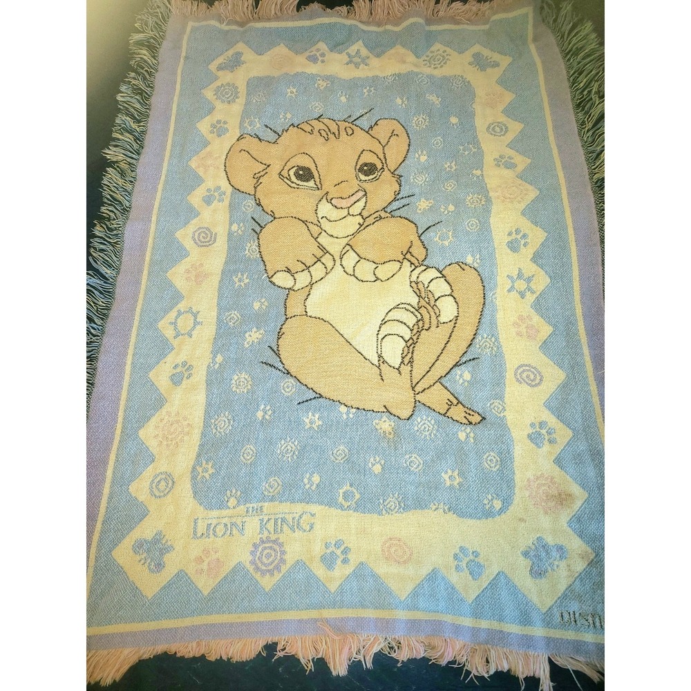 Vtg 90s Disney Lion King Baby Simba Woven Tapestry Throw Blanket Fringe Blue